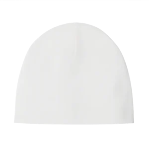 Witte babymuts van katoen met zachte pasvorm. Comfortabel voor pasgeborenen en geschikt voor bedrukking met naam of logo.
