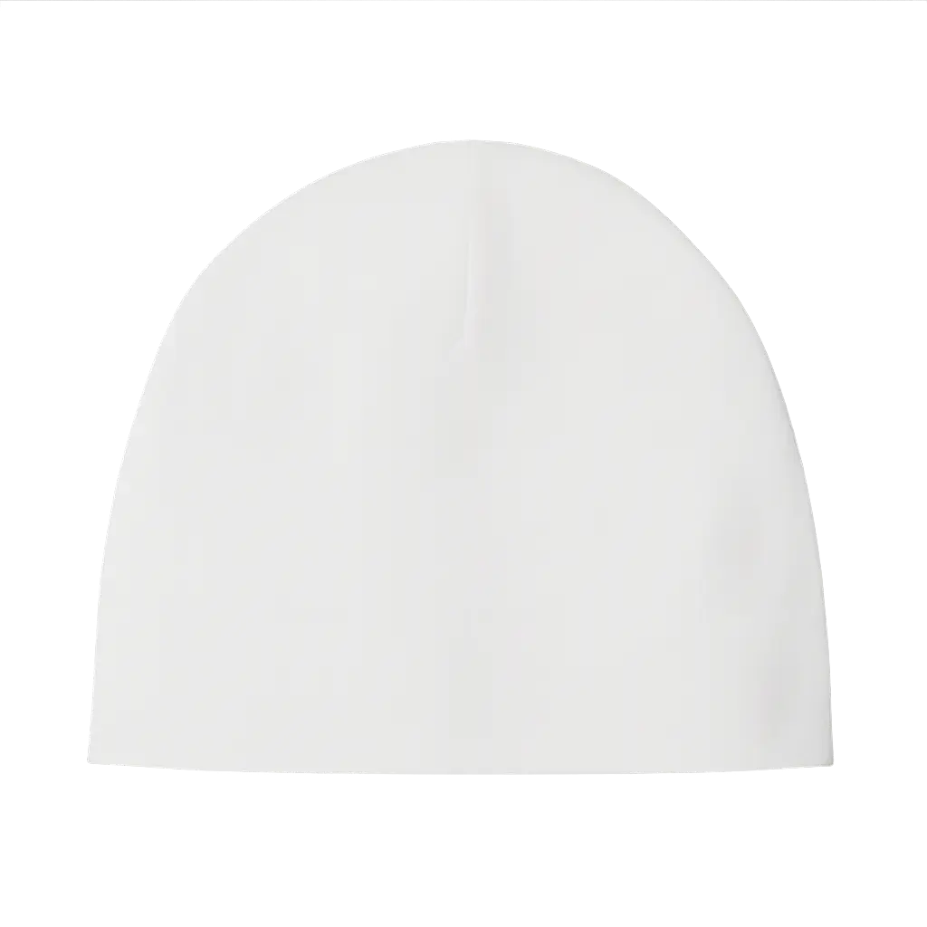 Witte babymuts van katoen met zachte pasvorm. Comfortabel voor pasgeborenen en geschikt voor bedrukking met naam of logo.