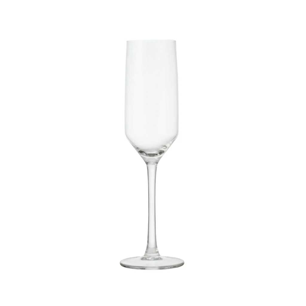 Elegant champagneglas met lange steel en smalle kelk. Perfect voor feesten, bruiloften of gepersonaliseerde gravure.