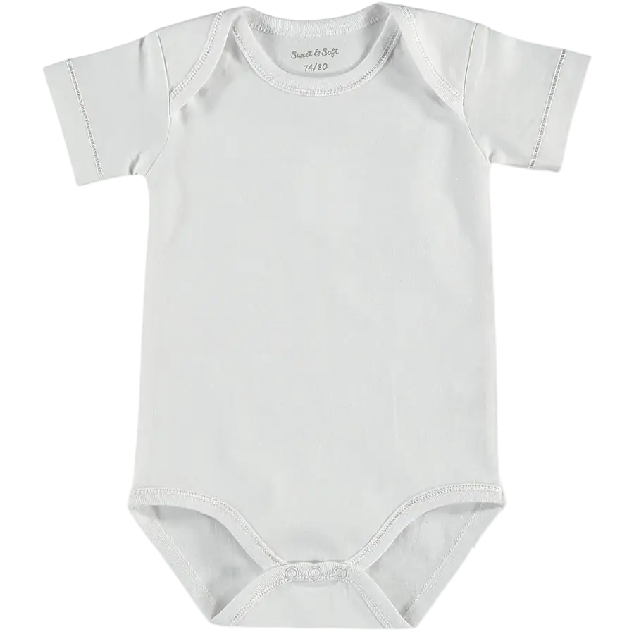 Witte babyromper met korte mouwen en drukknoopsluiting onderaan. Gemaakt van katoen, ideaal om te bedrukken.
