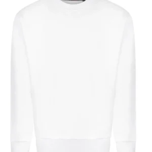 Witte sweater in vooraanzicht met ronde hals en klassieke pasvorm, ideaal voor personalisatie met tekst, ontwerp of logo.